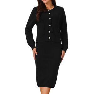 Two Piece Winter Button Down Cardigan Midi Skirts Casual Lounge Set Black